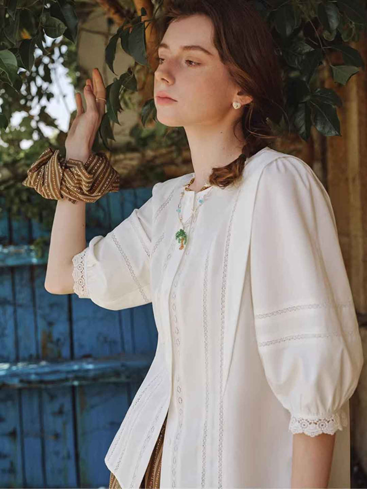 Riley Classic Crew Neck Lantern Sleeve Hollowed Lace Top