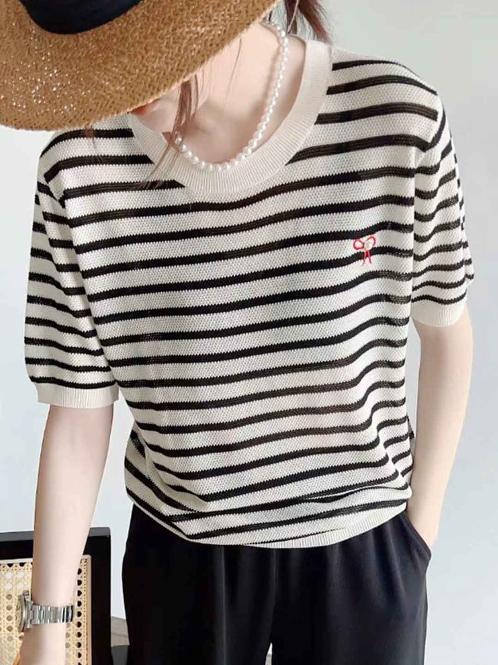 Grace Classic Crew Neck Striped Bow Beaded Knitted Top