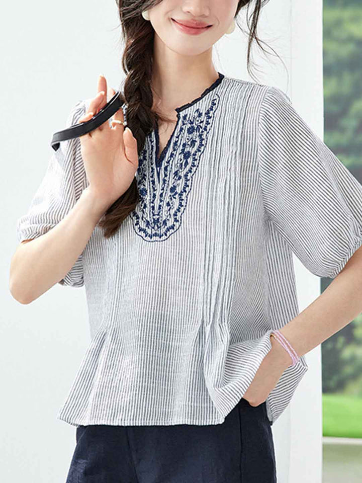 Chloe Loose Crew Neck Striped Embroidered Top