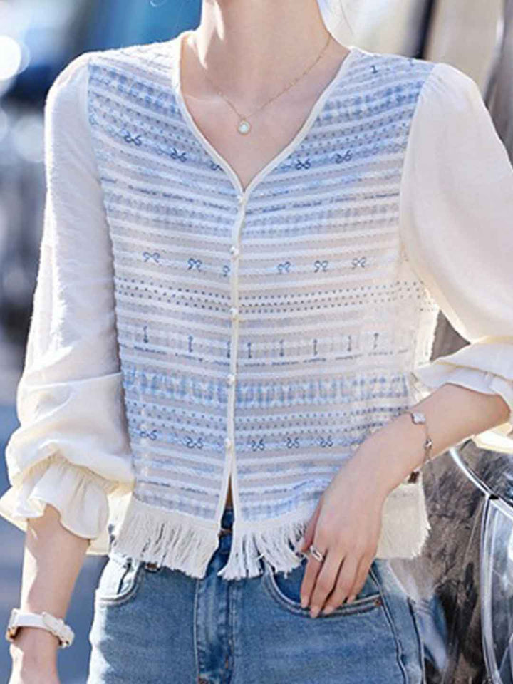Mariah Loose V-Neck Hollowed Embroidered Chiffon Top