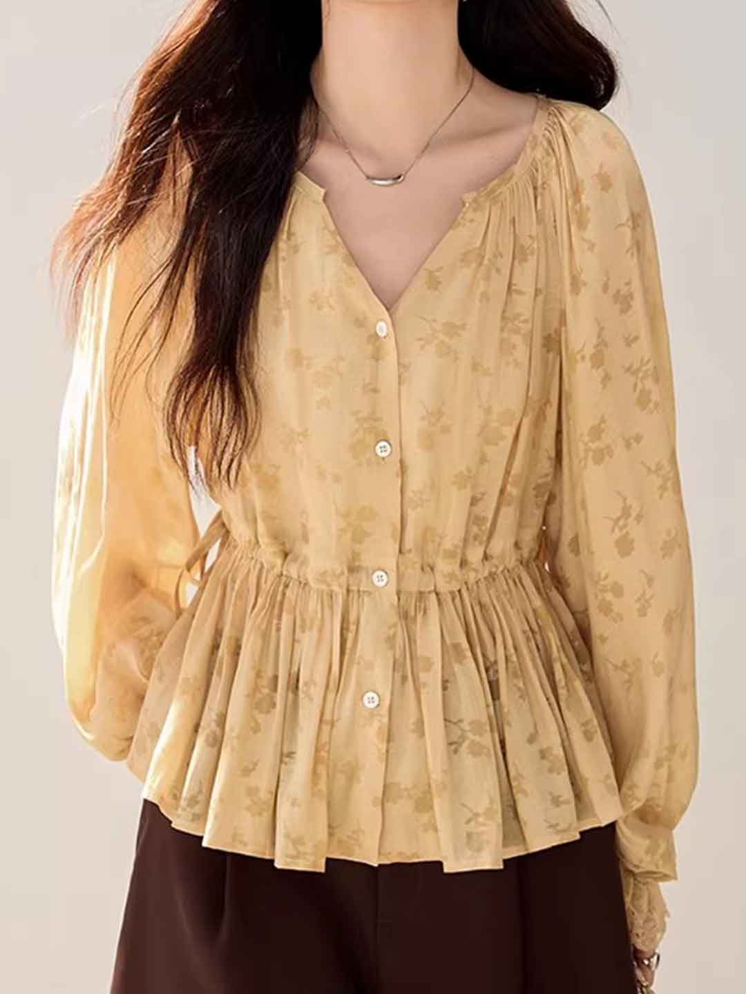 Olivia Loose V-Neck Lantern Sleeve Drawstring Lace Top