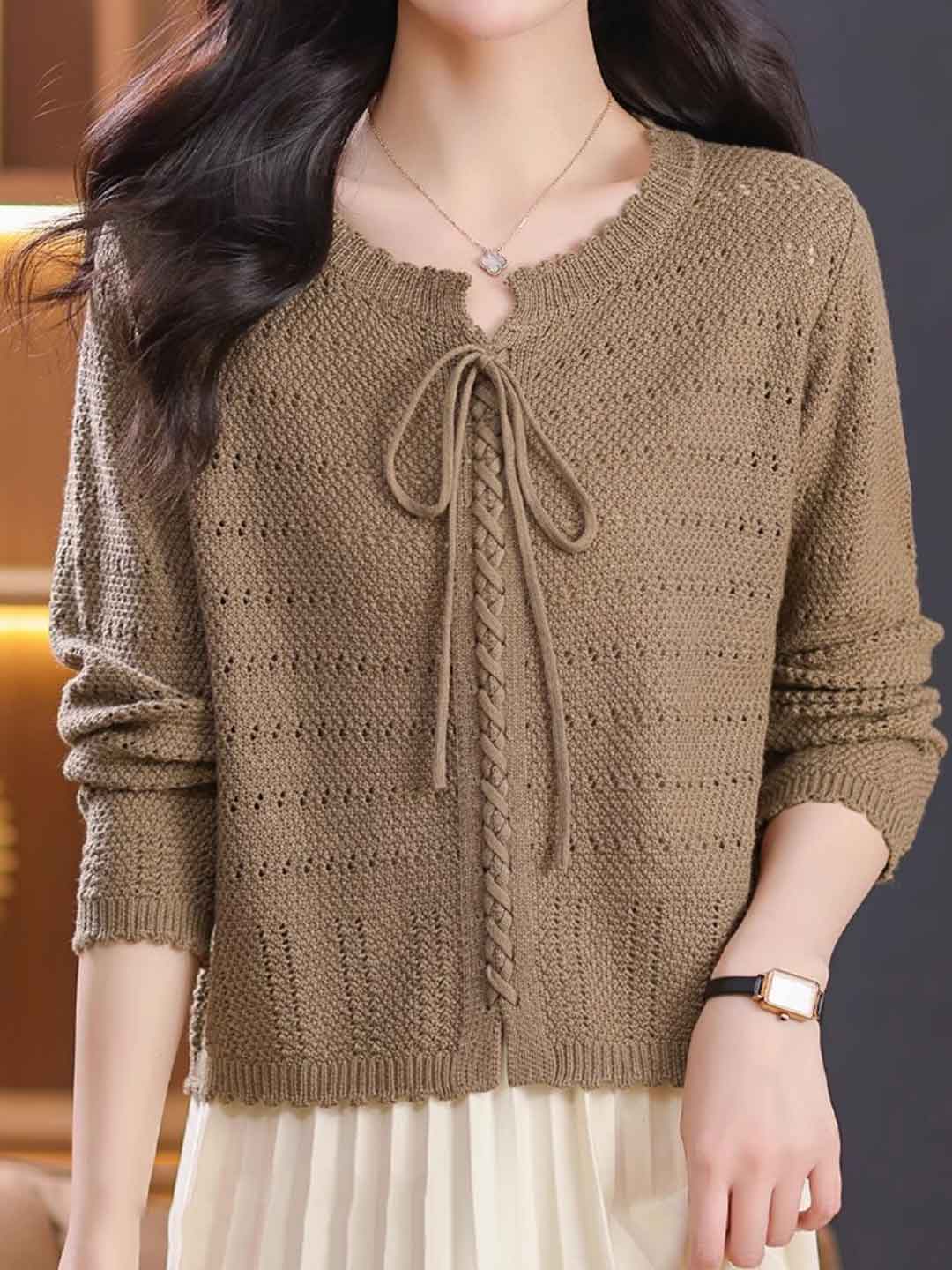 Riley Loose Crew Neck Tie Solid Color Knitted Top