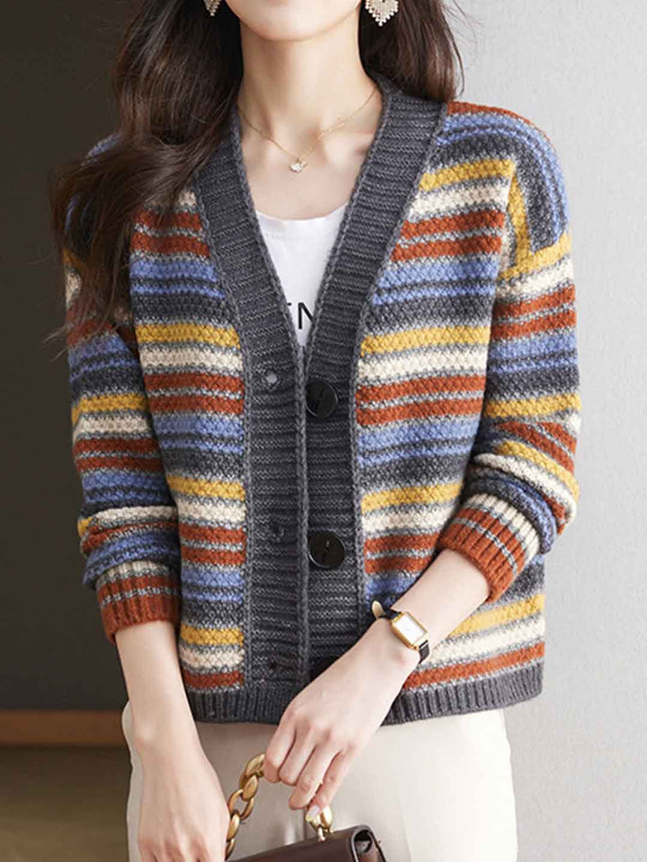 Sarah Classic V-Neck Striped Knitted Cardigan