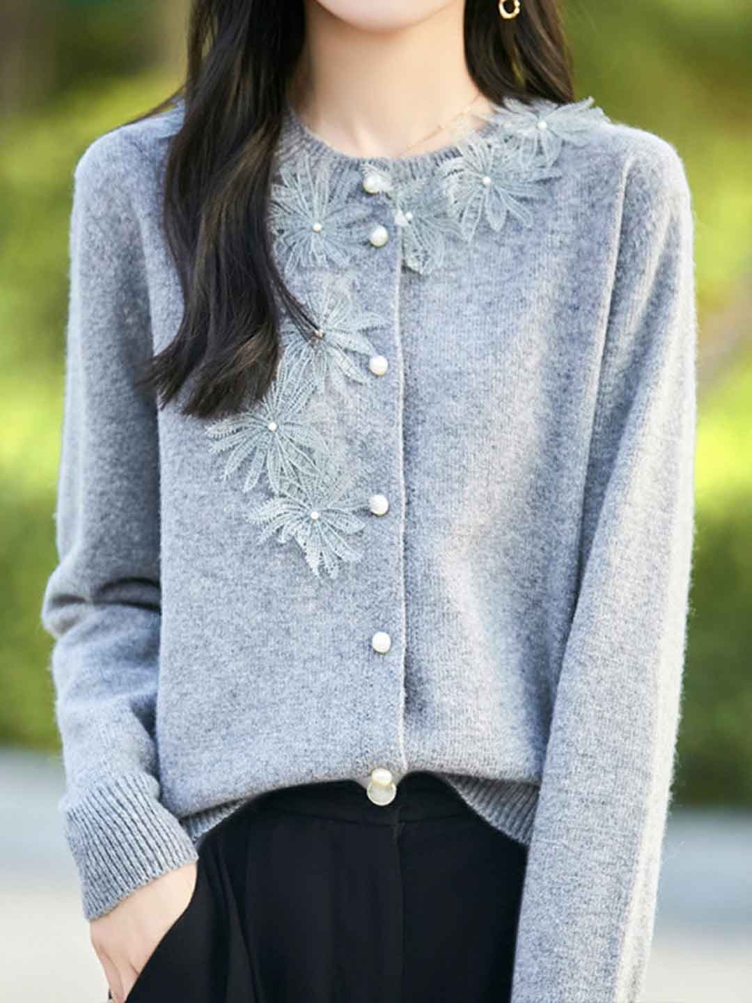 Sophie Classic Crew Neck Crocheted Solid Color Knitted Cardigan