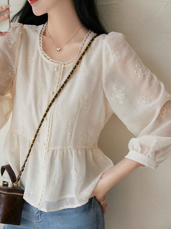 Sophie Elegant Square Neck Lace Embroidered Top