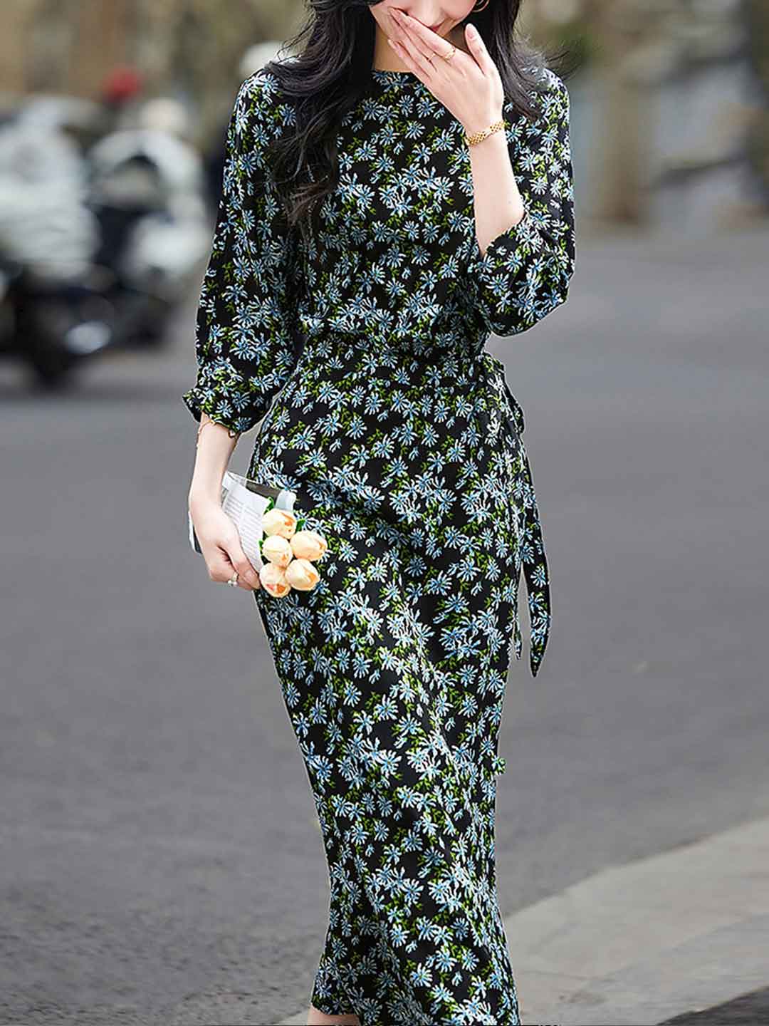 Ella Elegant Boat Neck Waist Floral Dress