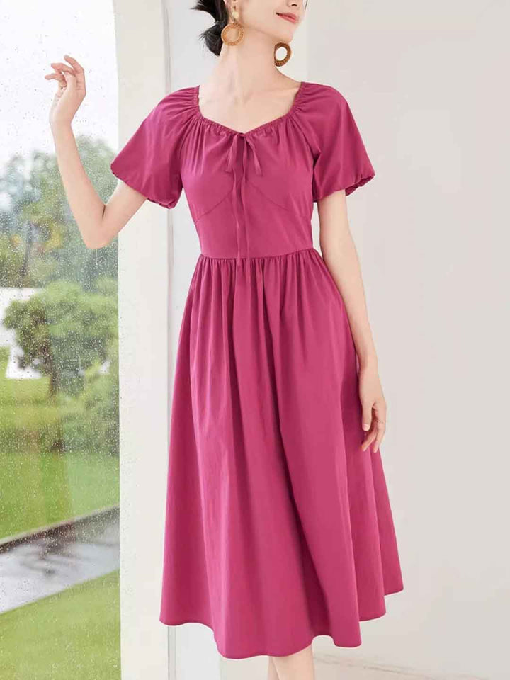 Faith Retro V-Neck Puff Sleeve Solid Color Dress