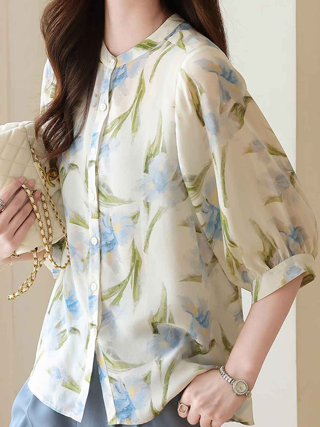 Nevaeh Loose Crew Neck Printed Chiffon Shirt