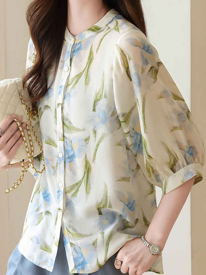 Nevaeh Loose Crew Neck Printed Chiffon Shirt