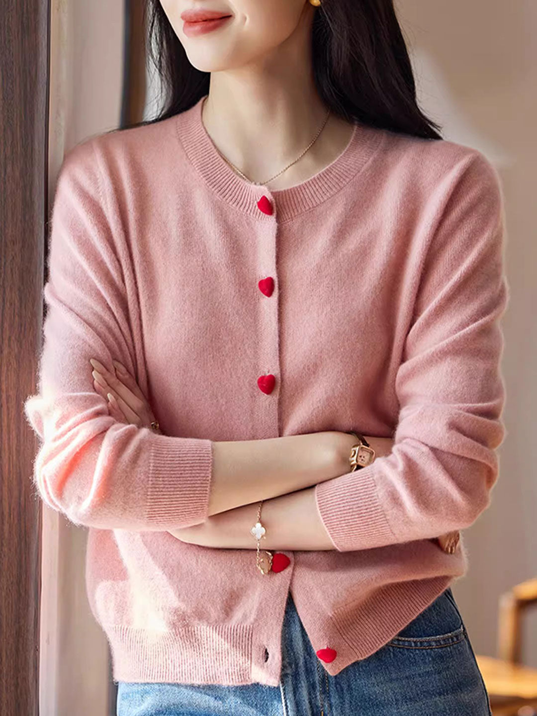 Raya Elegant Crew Neck Heart Button Knitted Cardigan