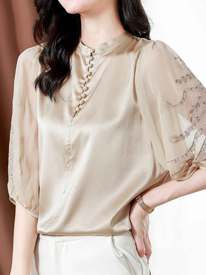 Taylor Loose Crew Neck Satin Embroidered Top