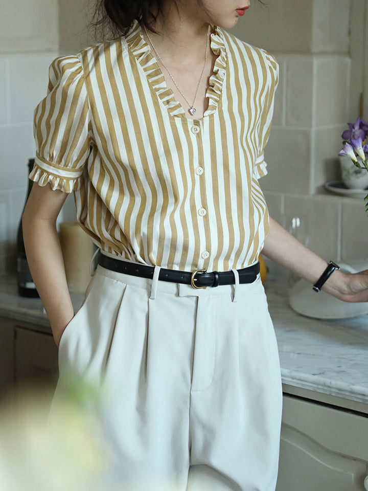 Emily Retro V-Neck Puff Sleeve Top