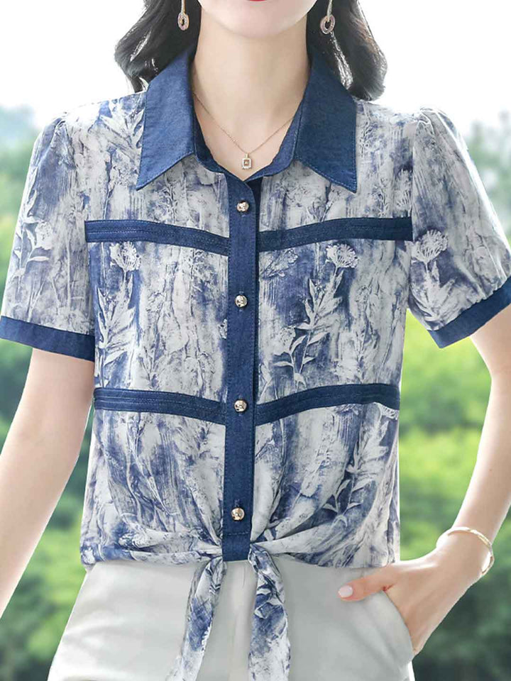 Sophie Classic Polo Printed Denim Chiffon Shirt