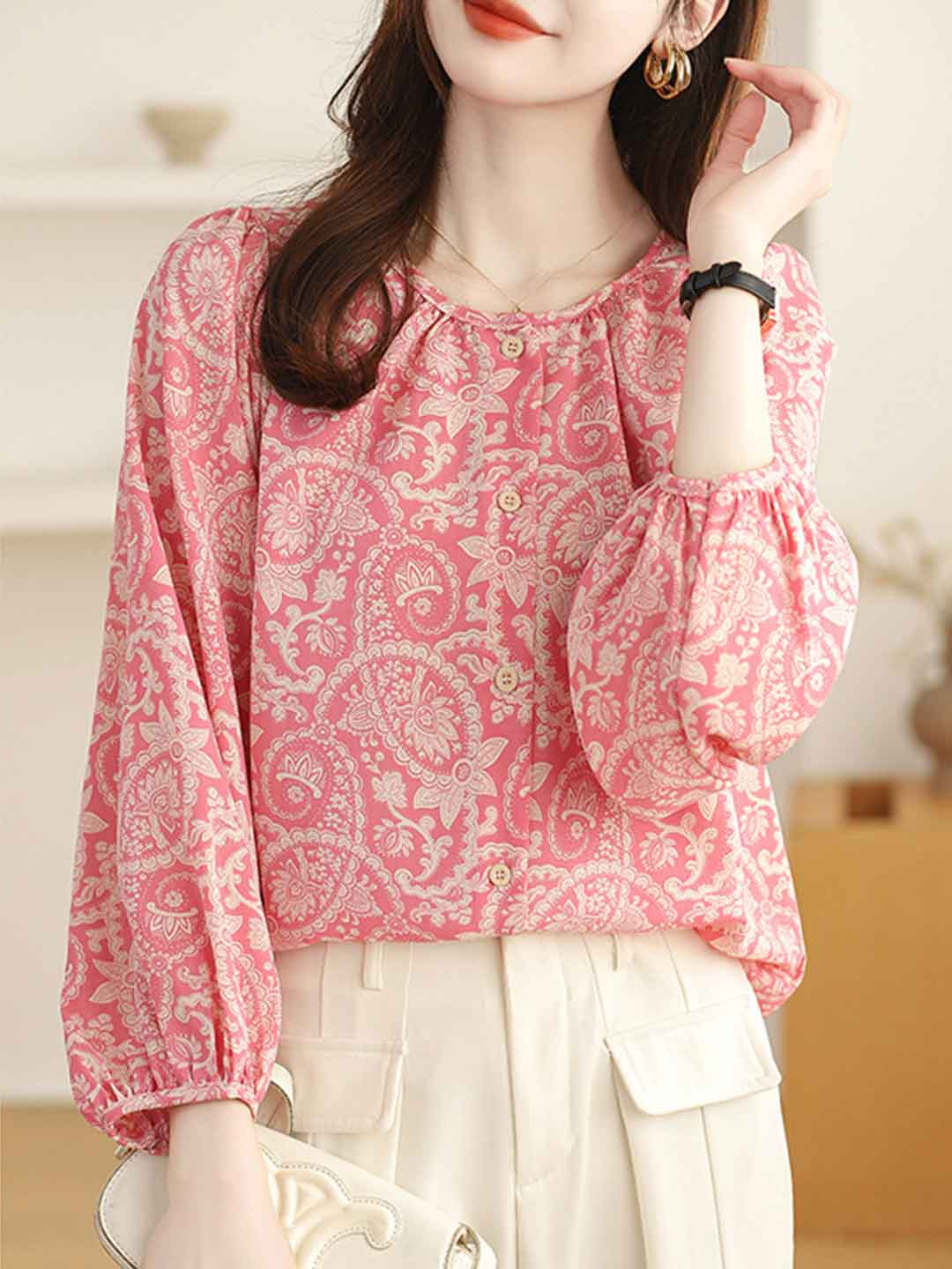 Olivia Loose Crew Neck Lantern Sleeve Floral Printed Top