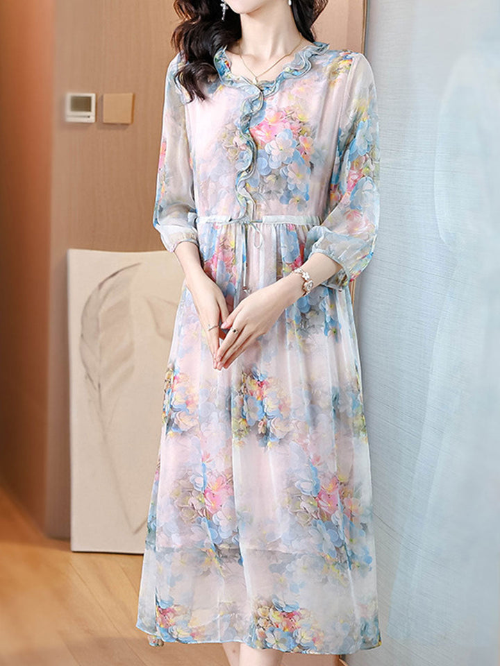Natalie Elegant V-Neck Chiffon Printed Dress