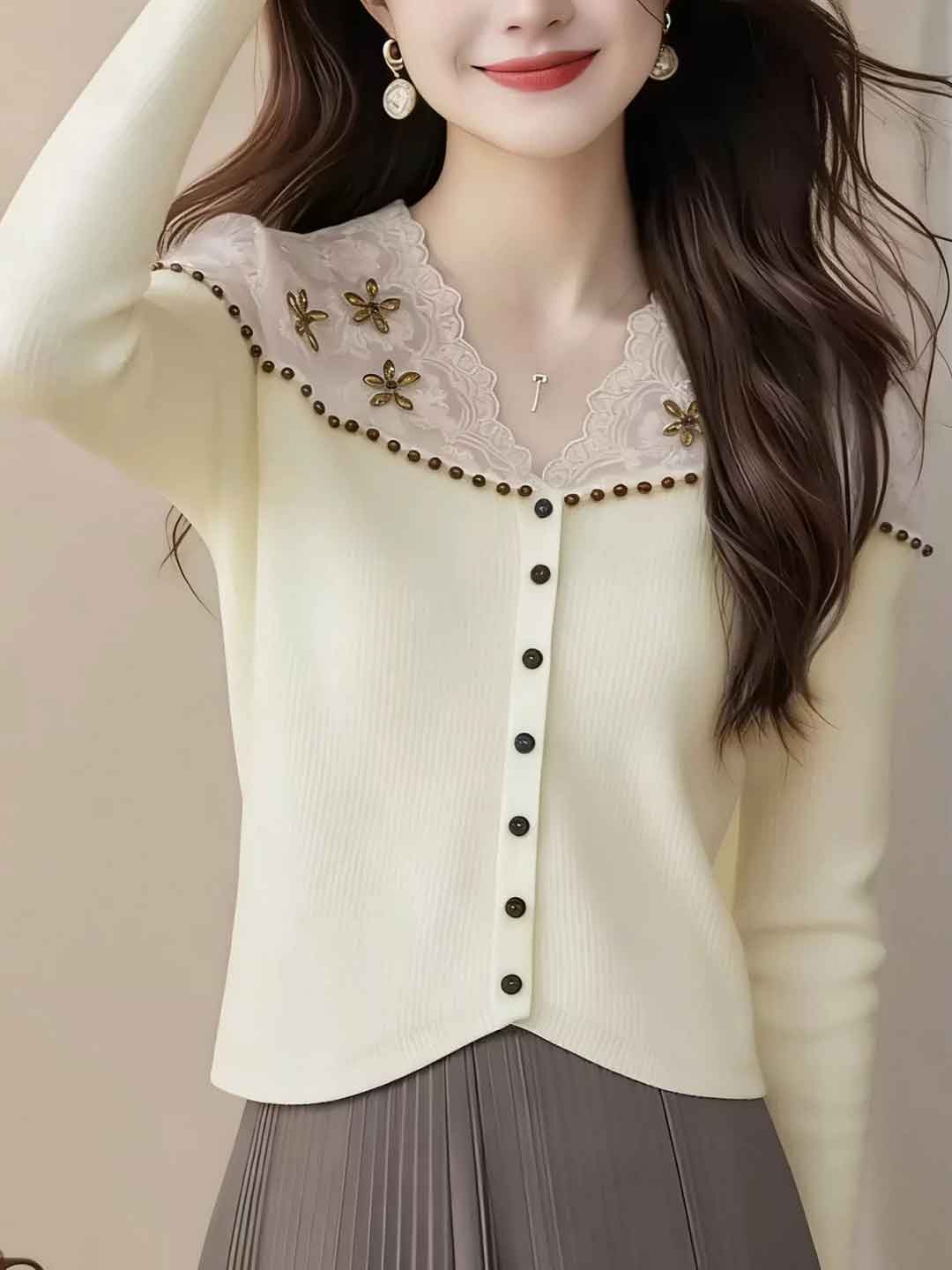 Arianna Slim V-Neck Rhinestone Lace Top