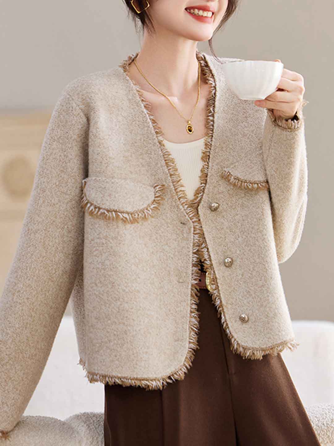 Emma Retro V-Neck Solid Color Tweed Coat