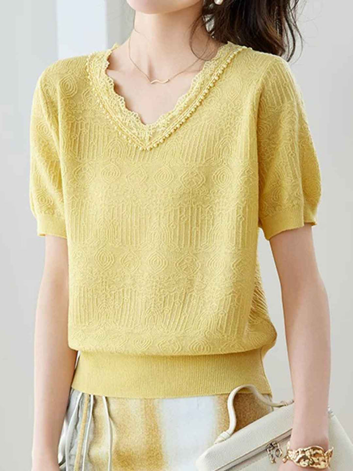 Abigail Classic V-Neck Lace Jacquard Knitted Top