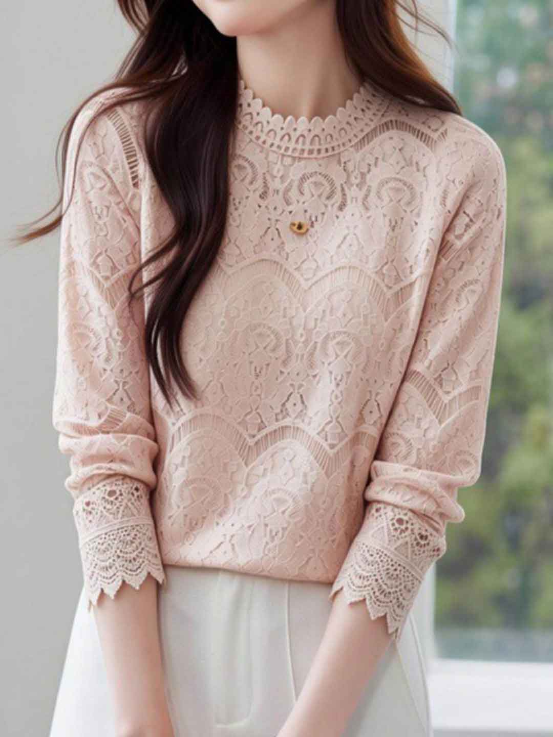 Sarah Classic Crew Neck Lace Mesh Top