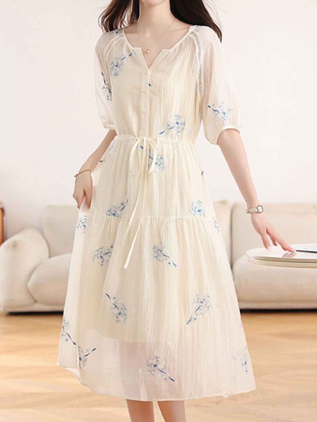 Sofia Waisted V-Neck Embroidered Dress