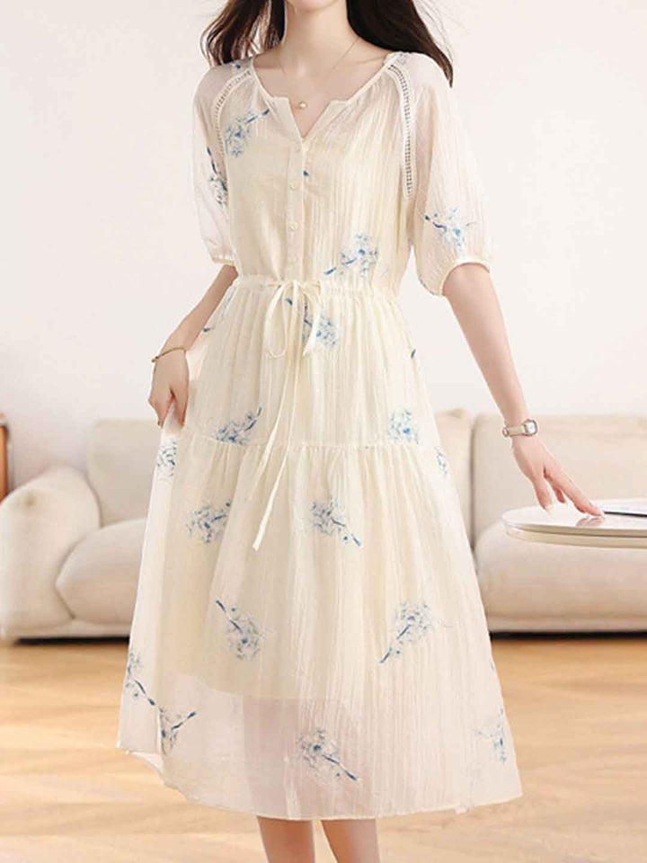 Sofia Waisted V-Neck Embroidered Dress