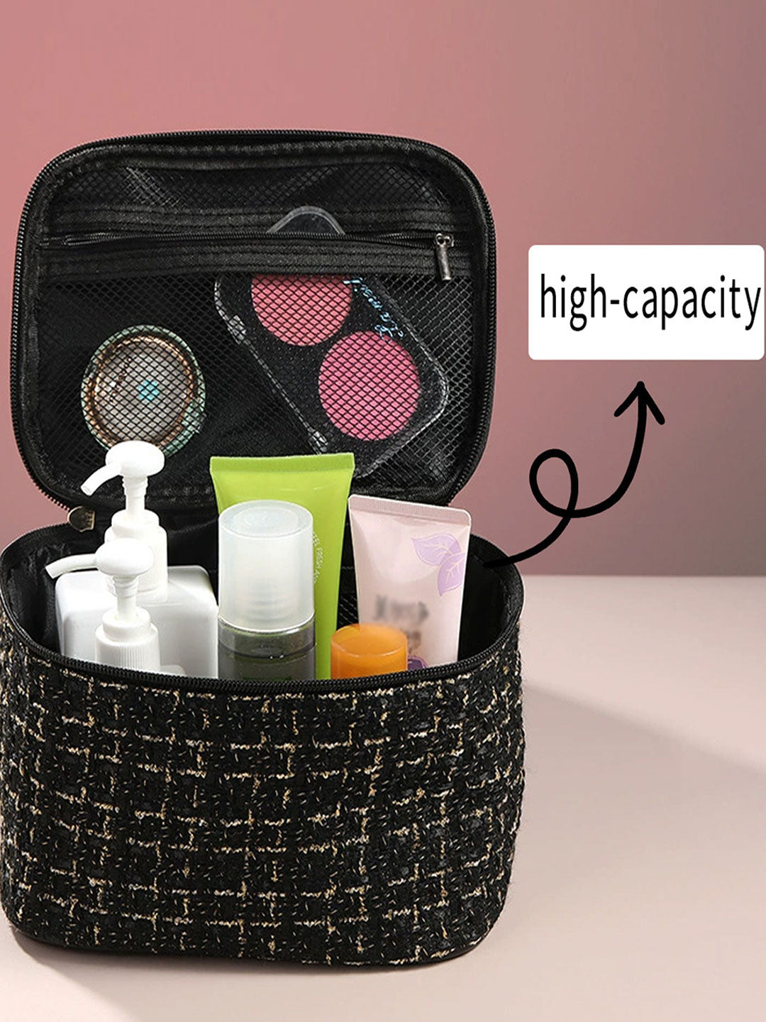 47Pcs Tweed Style Makeup Bag And Brushes Set Professional Tools