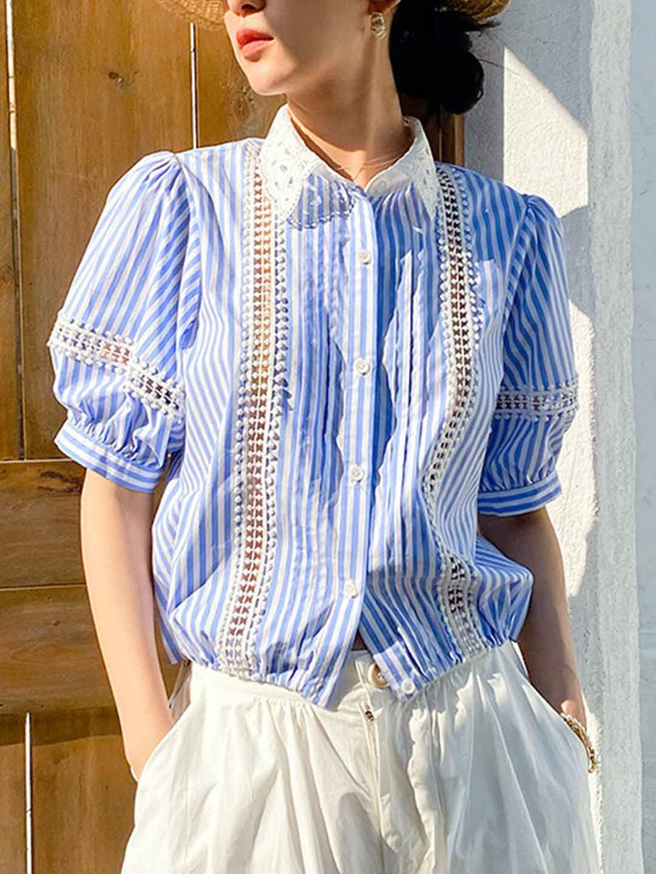 Destiny Daily Puff Sleeve Hollowed Striped Shirt