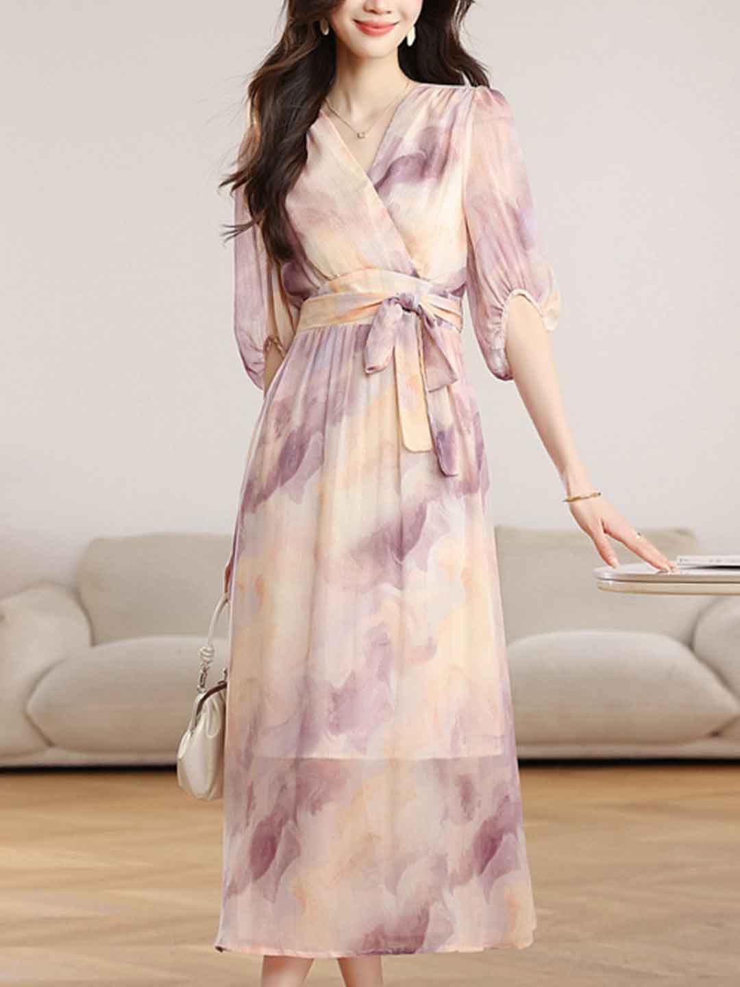 Natalie Vacation V-Neck Puff Sleeve Tie Printed Dress