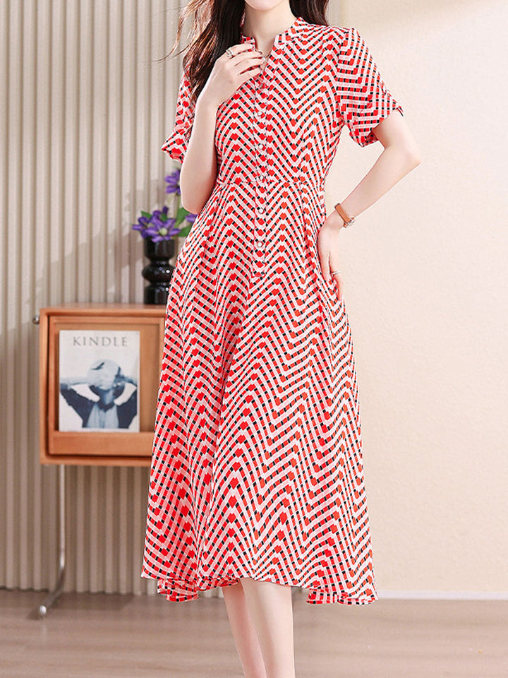 Ava Daily Stand-Up Collar Plaid Chiffon Dress