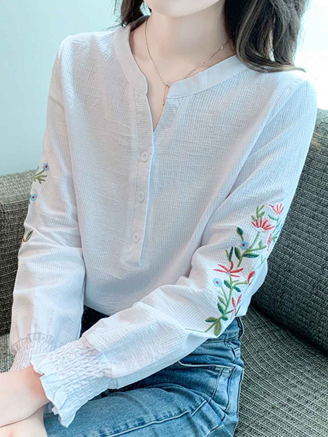 Abigail Classic V-Neck Lantern Sleeve Embroidered Top