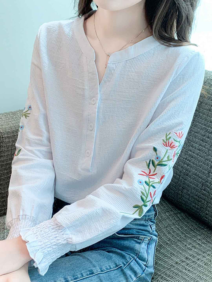 Abigail Classic V-Neck Lantern Sleeve Embroidered Top