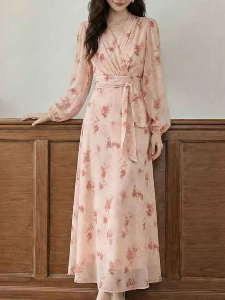 Lillian Elegant V-Neck Tie Chiffon Printed Dress