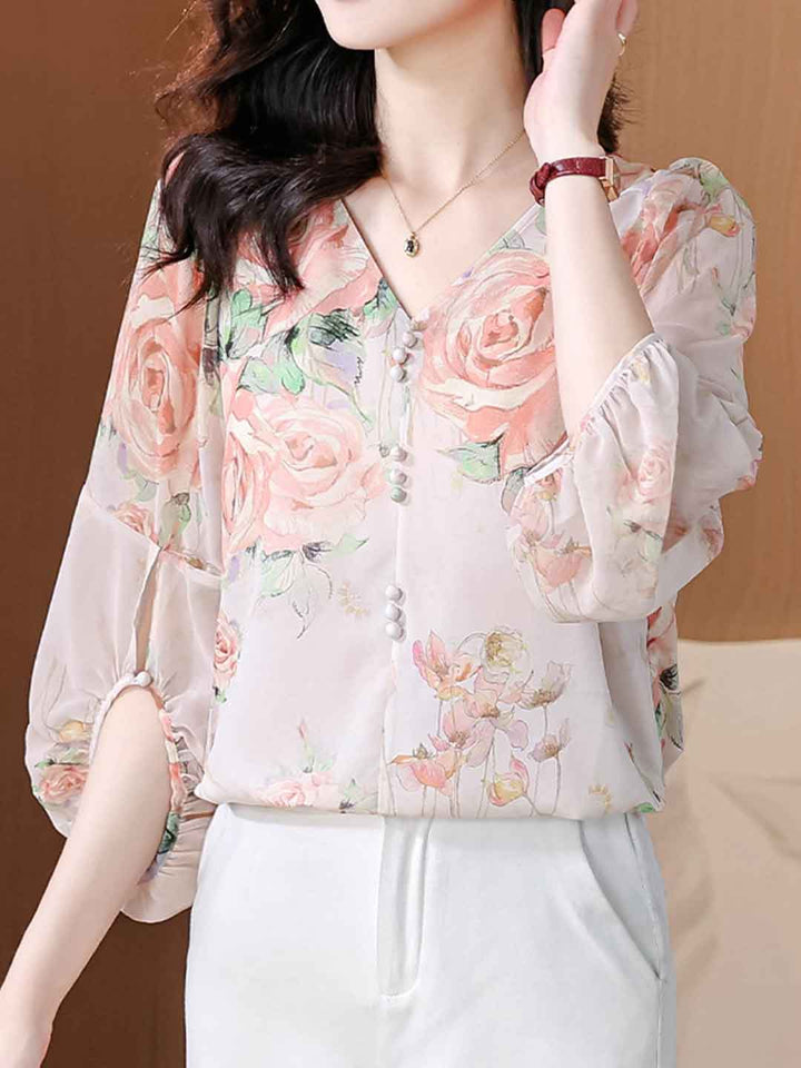 Caroline Loose V-Neck Lantern Sleeve Floral Chiffon Top