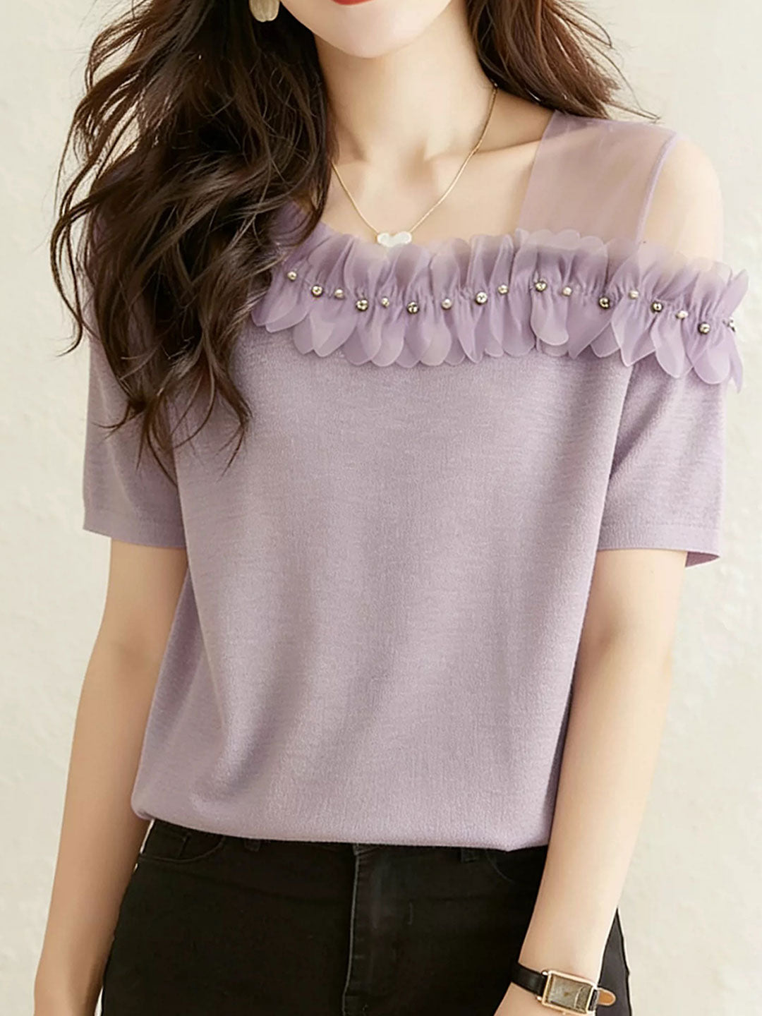 Rachel Classic Off-Shoulder Mesh Ruffle Top