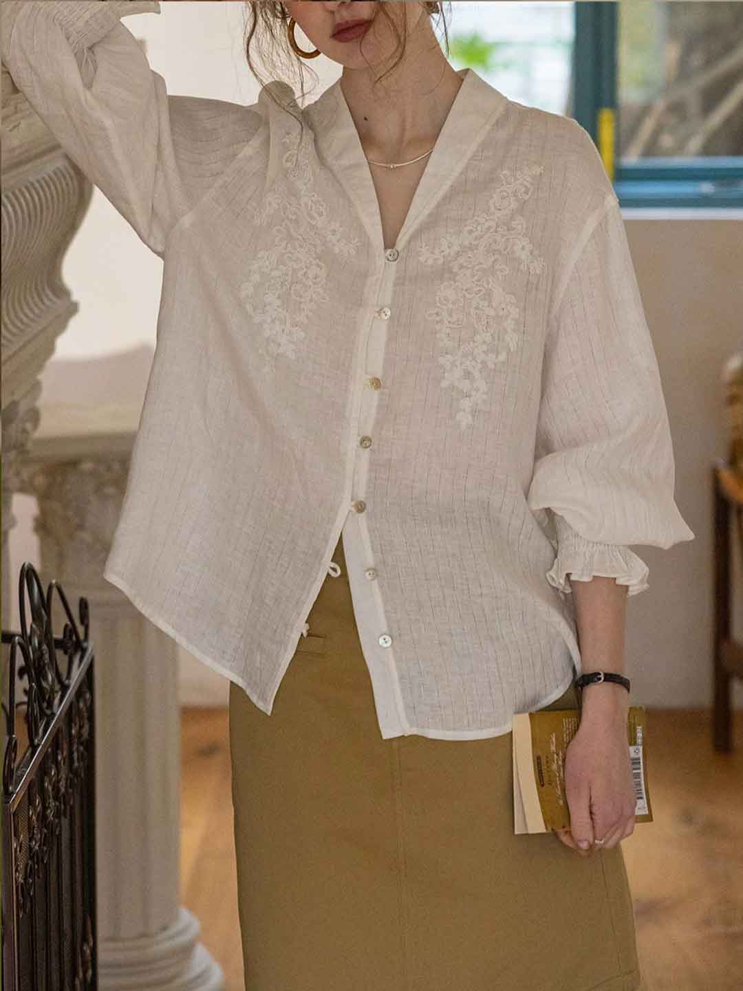 Zoe Loose V-Neck Jacquard Textured Shirt