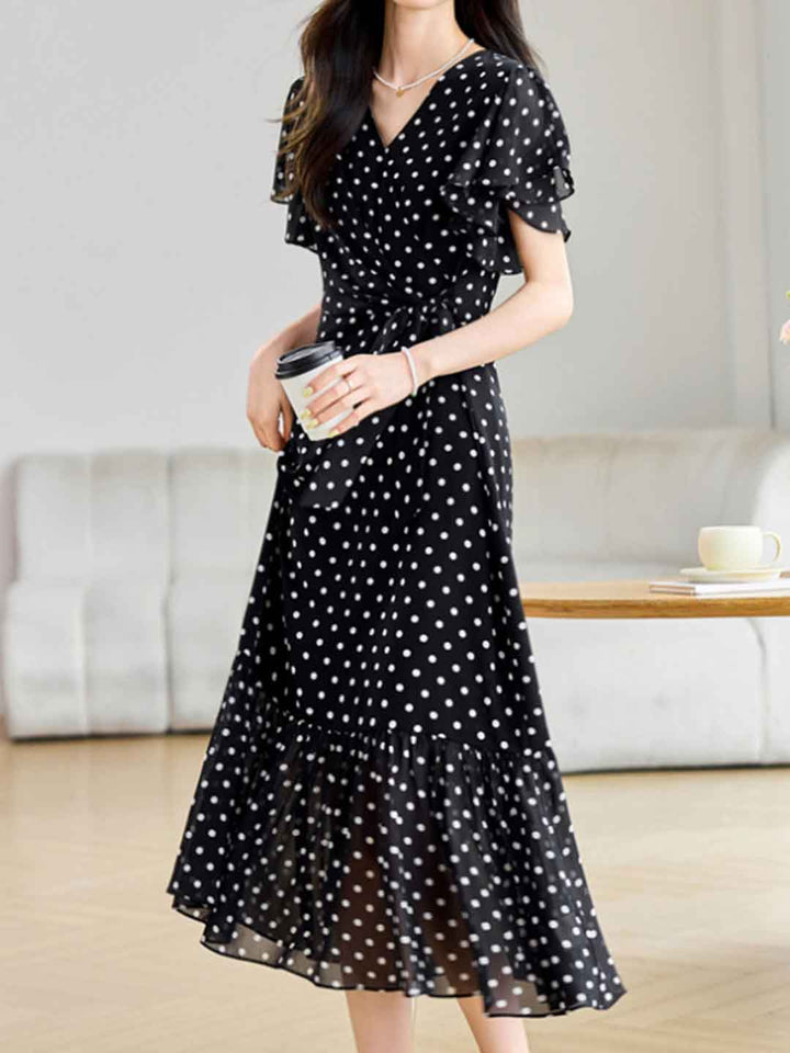 Grace Daily V-Neck Polka Dot Fishtail Chiffon Dress