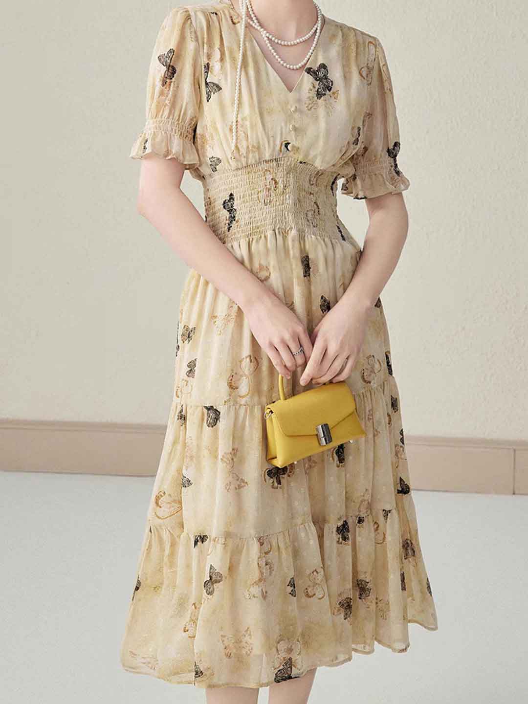 Mia Sweet V-Neck Puff Sleeve Chiffon Floral Dress