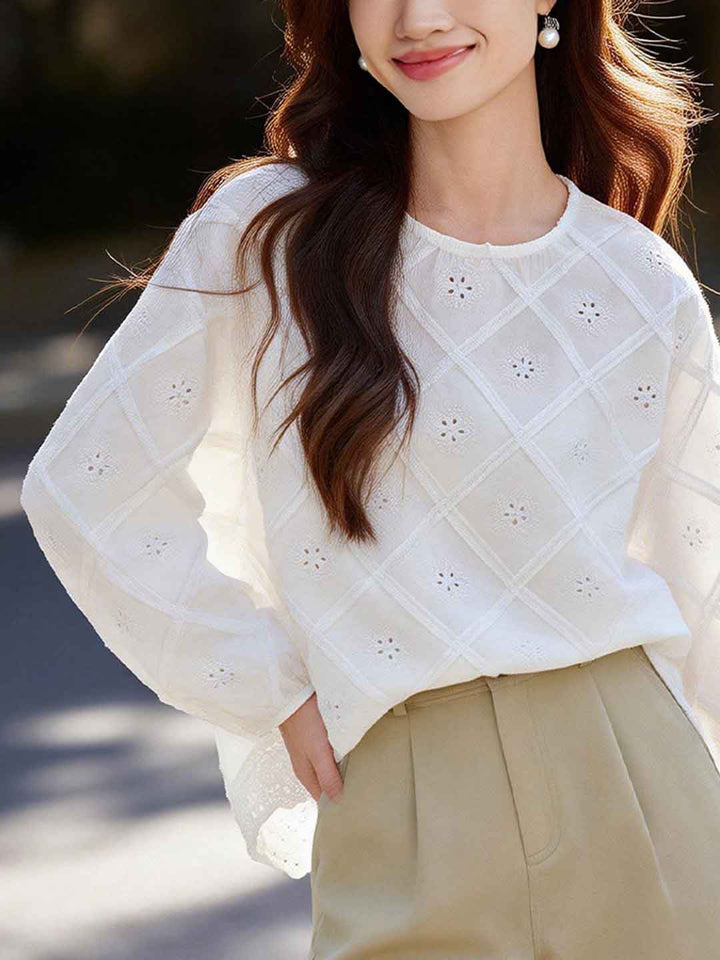 Madison Casual Crew Neck Embroidered Hollowed Blouse