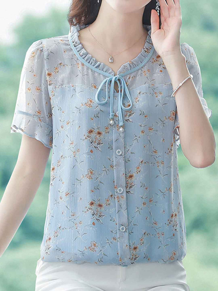 Serenity Loose V-Neck Printed Chiffon Top