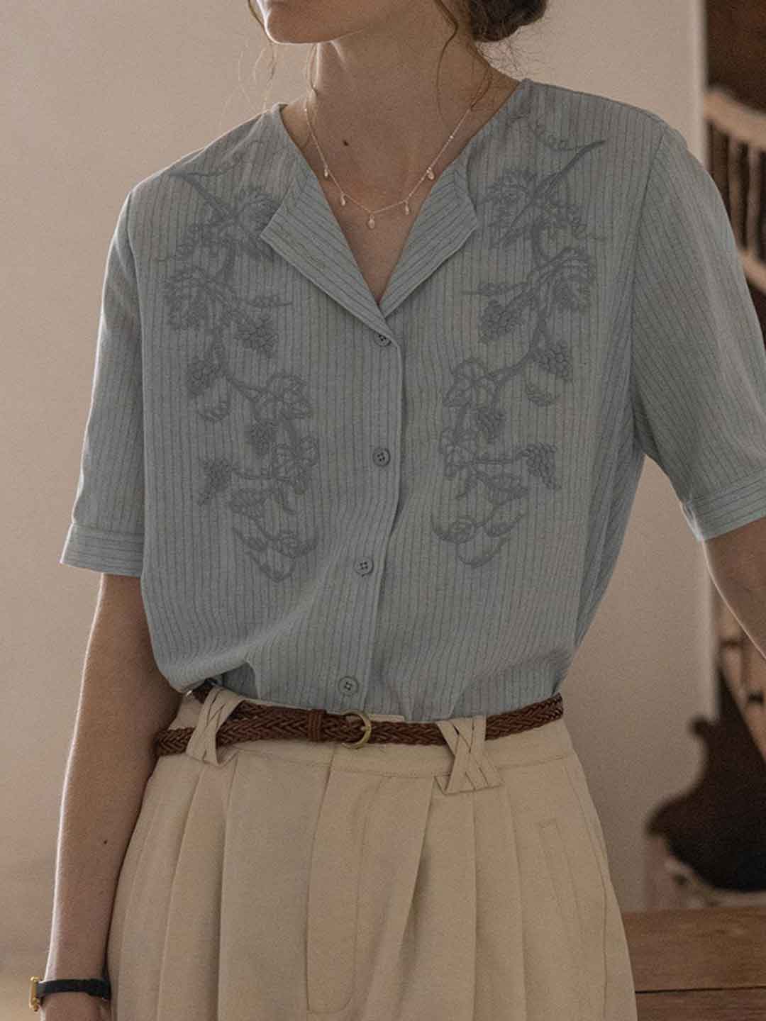 Anna Retro Lapel Embroidered Striped Top