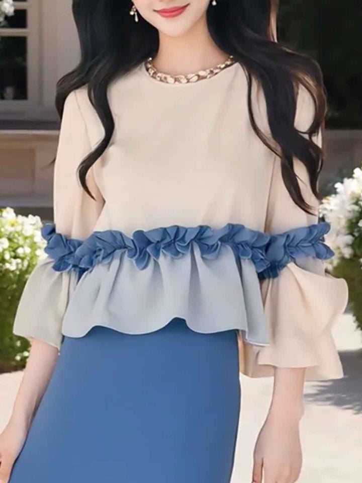 Julia Classic Crew Neck Ruffle Patchwork Top