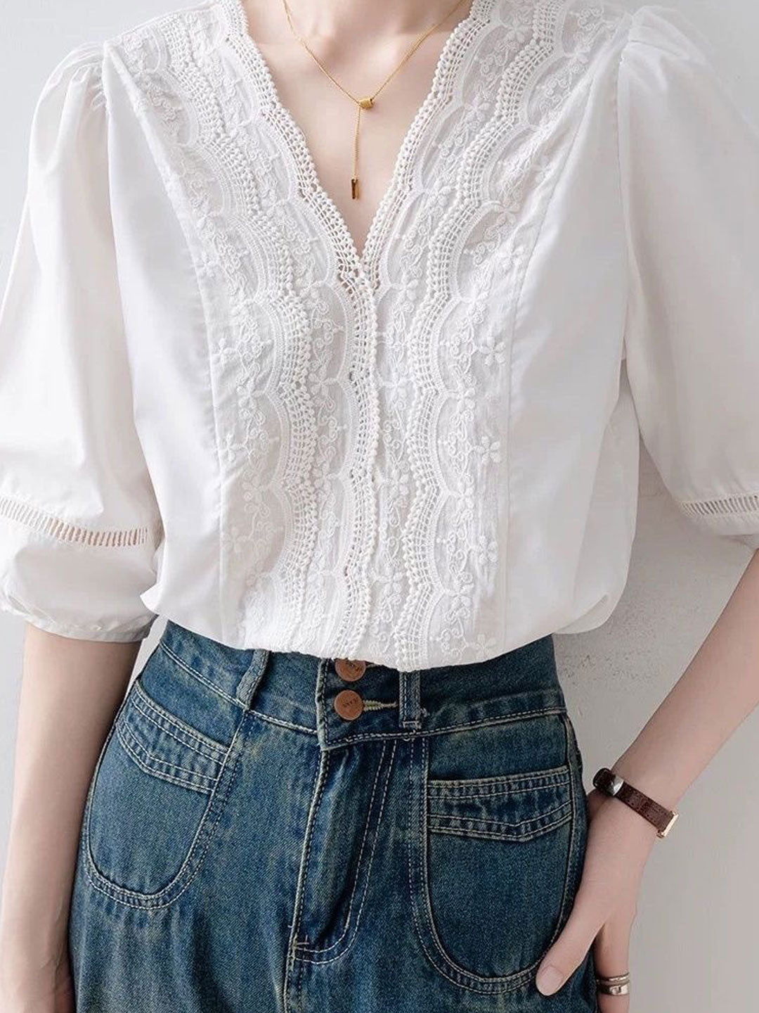 Sofia Vintage V-Neck Lace Patchwork Top