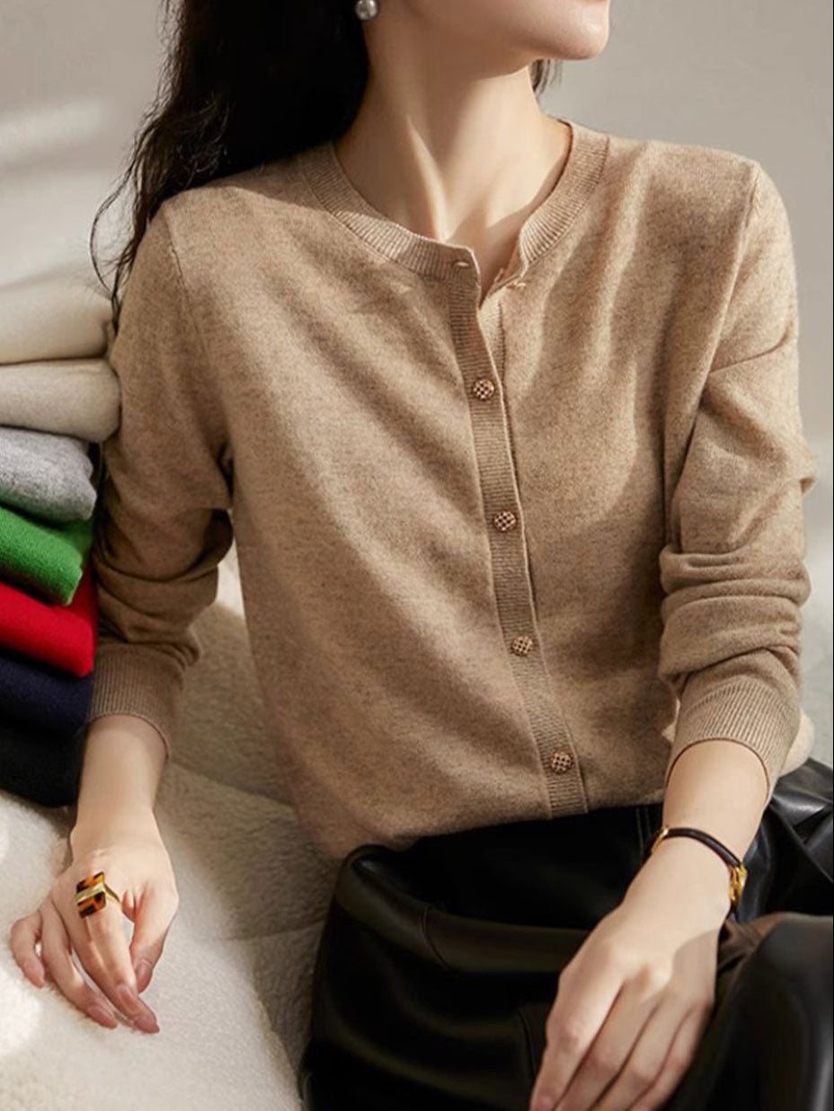 Sophia Classic Crew Neck Solid Color Knitted Cardigan-Royal Blue
