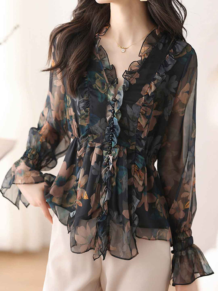 Taylor Daily V-Neck Ruffled Floral Chiffon Blouse