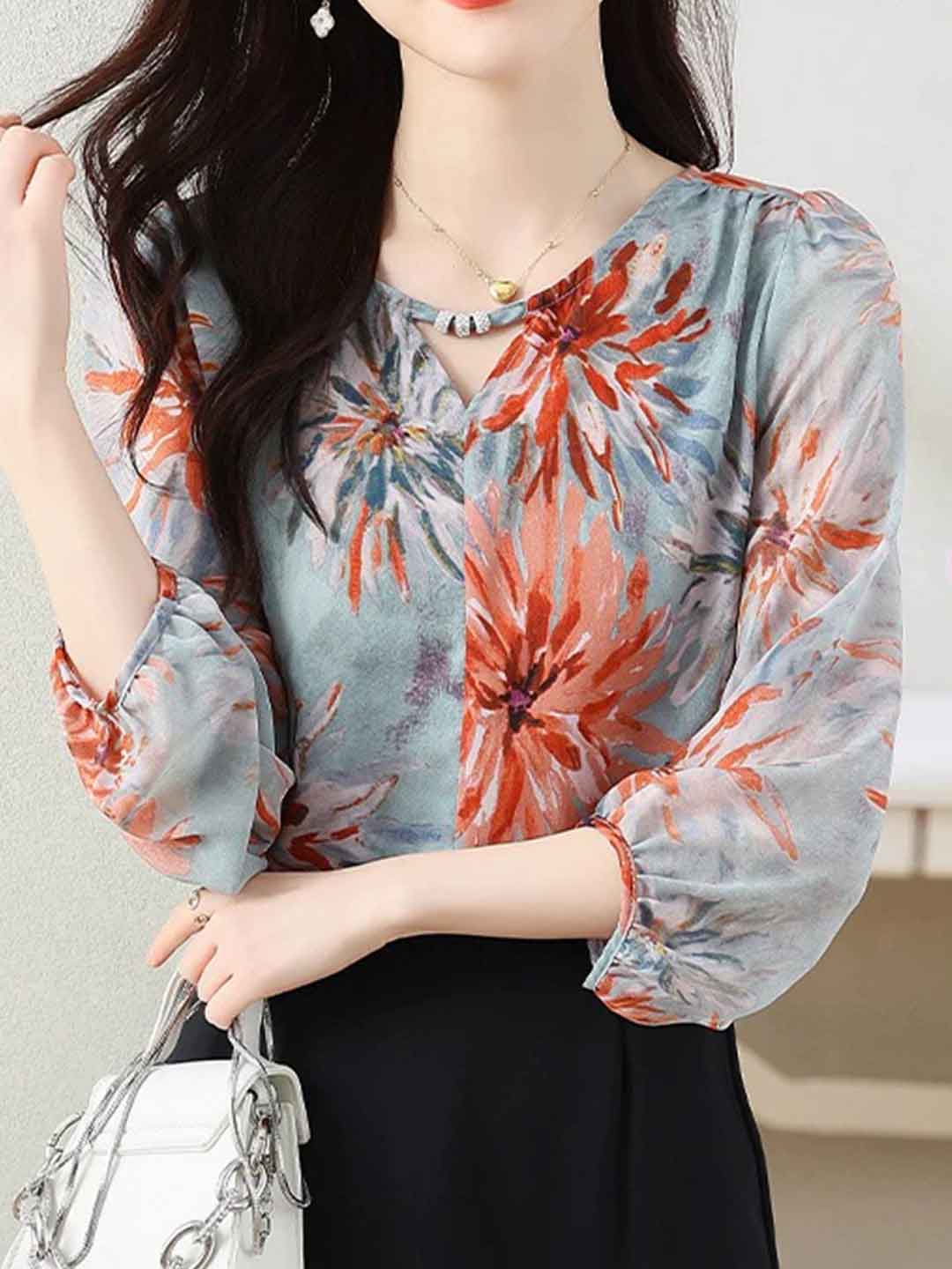 Ella Daily V-Neck Chiffon Floral Printed Blouse