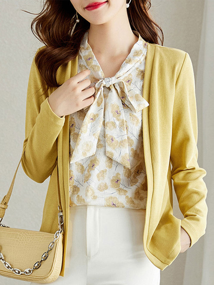 Taylor V-Neck Streamer Printed Splicing Top-Yellow