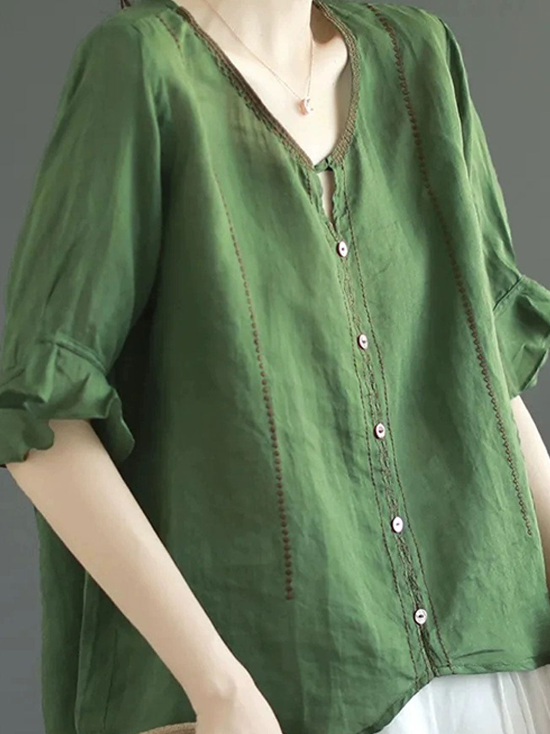 Faith Loose V-Neck Flare Sleeve Embroidered Top