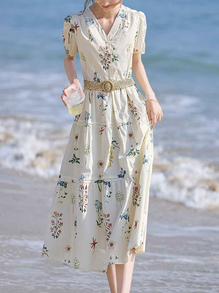 Brianna Vacation V-Neck Tie Floral Printed Dress