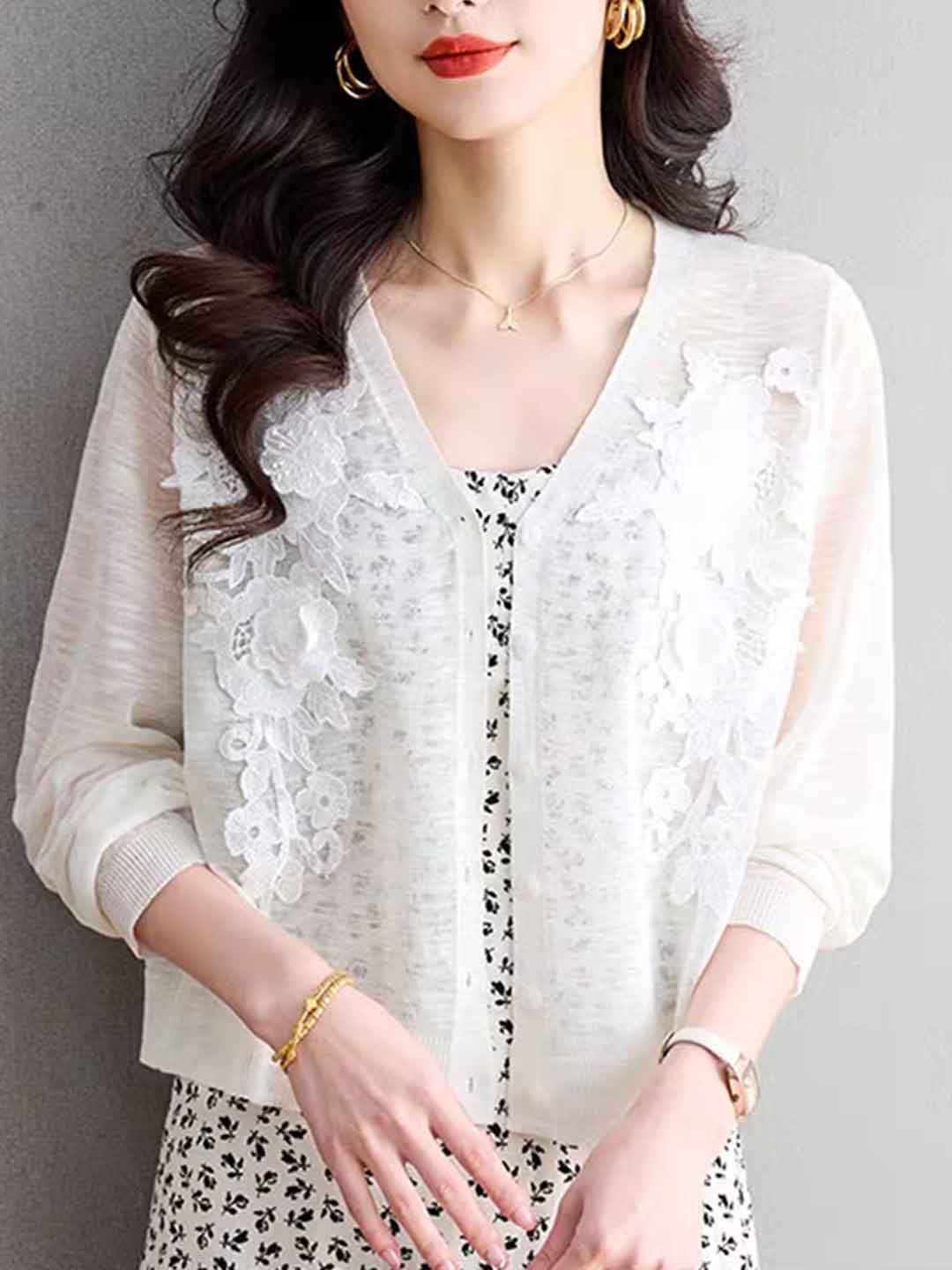 Zoe Elegant V-Neck Hollowed Embroidered Knitted Cardigan-White