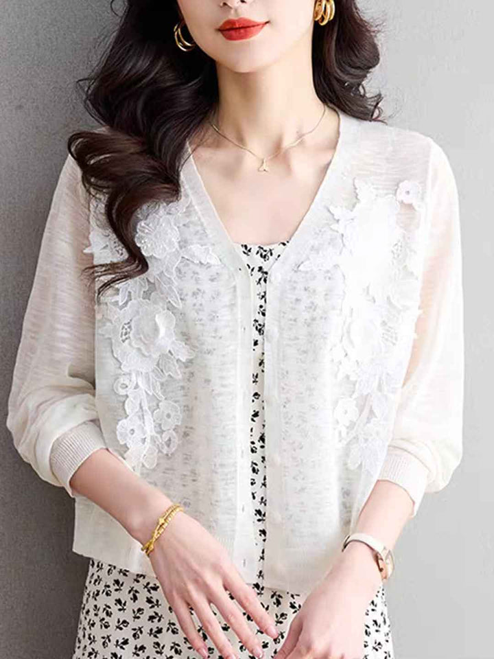 Zoe Elegant V-Neck Hollowed Embroidered Knitted Cardigan-White